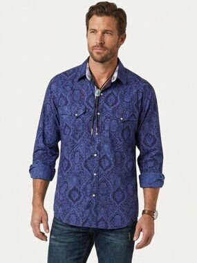 Cowboy Legend Pearl Snap Shirt Blue Bandana Western Boho Casual Unisex XL